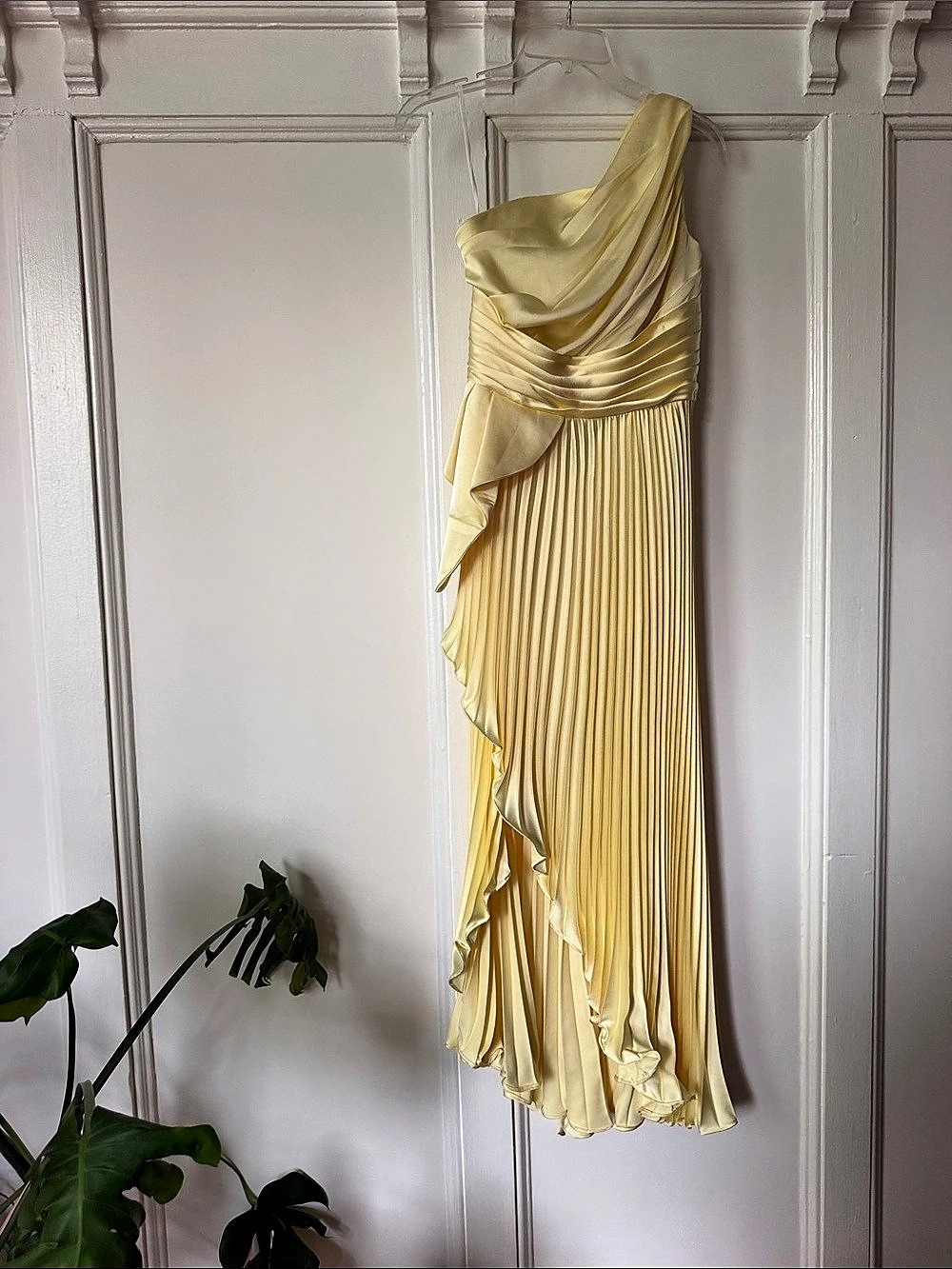 Yellow Pleated One-Shoulder Maxi Dress